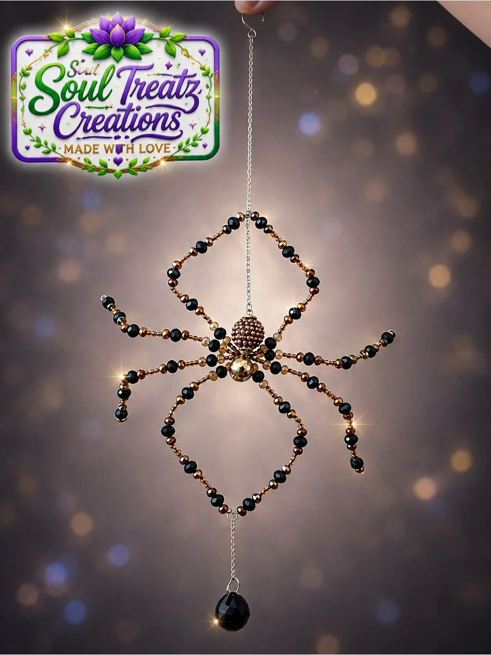 Black & Gold Beaded Crystal Spider Sun Catcher